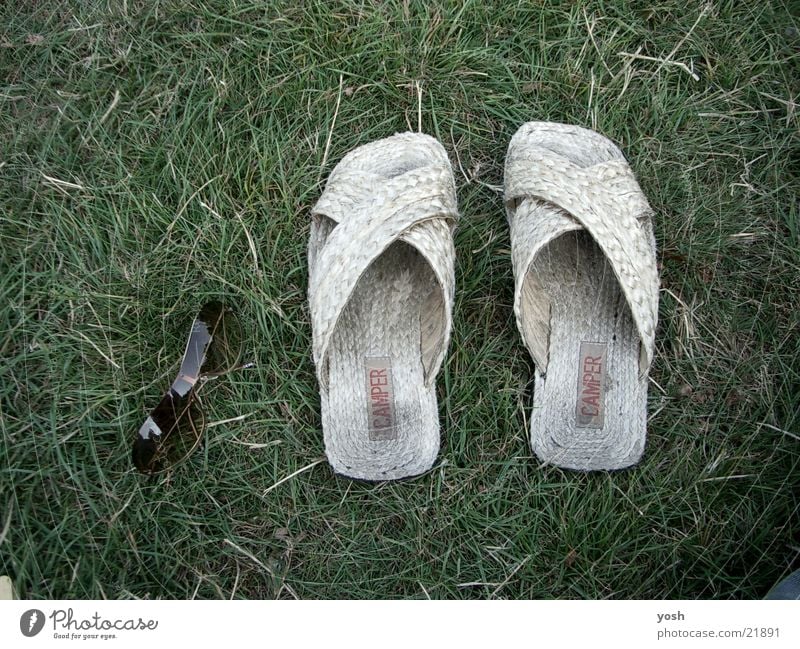 summertime Freizeit & Hobby Wiese Gras Sonnenbrille Brille Sandale Erholung grün Sommer heiß Schuhe Fototechnik warm hitze