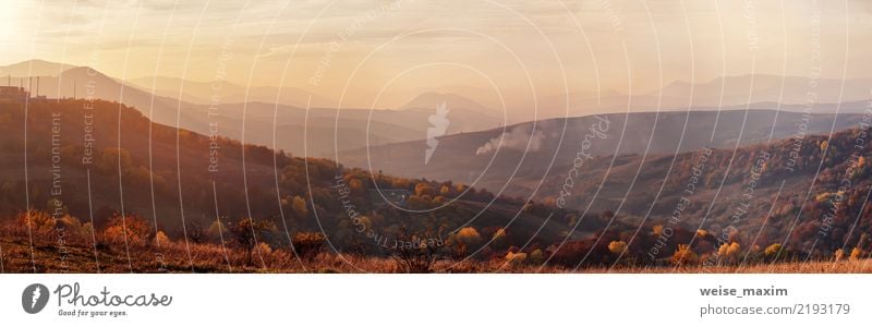 Sonnenuntergangpanorama im Gebirgstal. Goldlicht auf Hügeln schön Ferien & Urlaub & Reisen Sommer Berge u. Gebirge Umwelt Natur Landschaft Pflanze Himmel Wolken