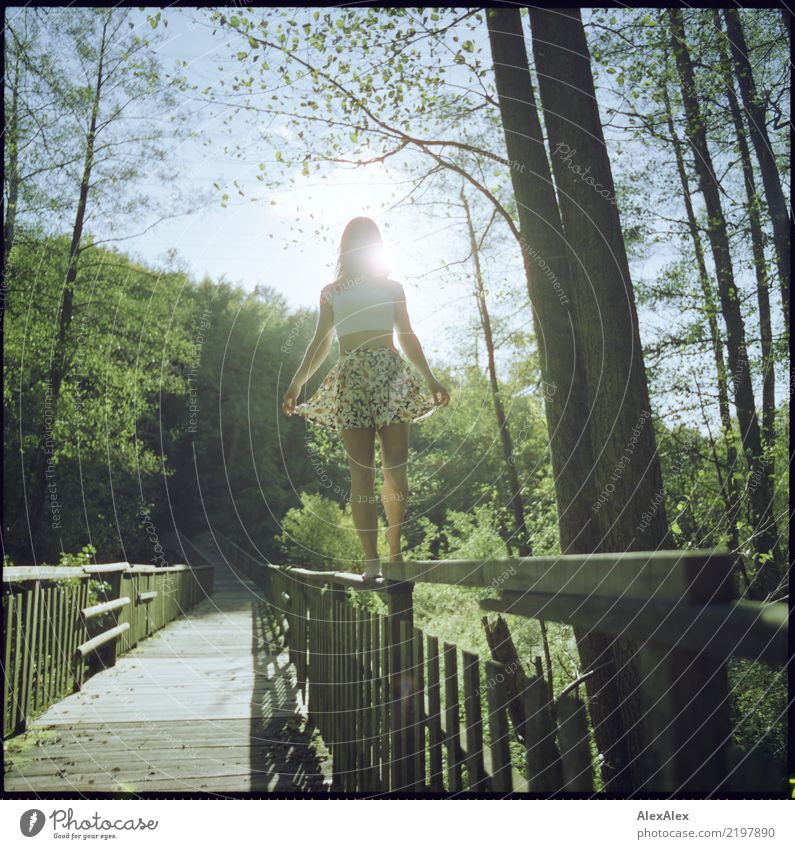 geländergängig Leben Ausflug Abenteuer Junge Frau Jugendliche Beine 18-30 Jahre Erwachsene Landschaft Sommer Schönes Wetter Baum Wald Holzbrücke Brückengeländer