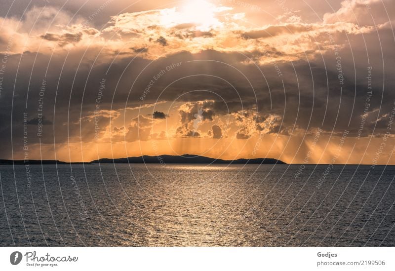 Sonnenflut Landschaft Wasser Himmel Wolken Wellen Meer Korfu Blick glänzend maritim Wärme blau gelb orange schwarz Romantik schön Hoffnung Horizont Tourismus