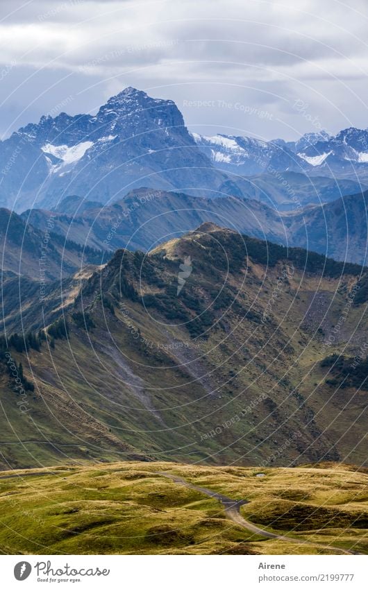 Schicht auf Schicht Berge u. Gebirge wandern Landschaft Wolken Herbst Alpen Bregenzerwald Gipfel Bergwiese Alm Ferne gigantisch hoch oben Spitze blau braun gold