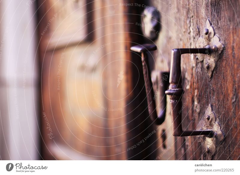 Die Tür zur Ehe... Holz Metall Stahl braun Griff alt Altbau verwittert Farbfoto mehrfarbig Detailaufnahme Starke Tiefenschärfe Menschenleer Textfreiraum links
