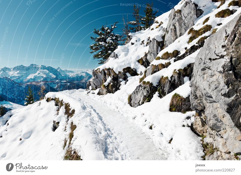 Gefährlich Natur Himmel Wolkenloser Himmel Winter Klima Wetter Schönes Wetter Eis Frost Schnee Felsen Alpen Berge u. Gebirge Schneebedeckte Gipfel Wege & Pfade