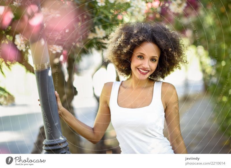 Gemischte Frau mit Afro-Frisur, die im Stadtpark lächelt. Lifestyle Stil Glück schön Haare & Frisuren Gesicht Sommer Mensch feminin Junge Frau Jugendliche