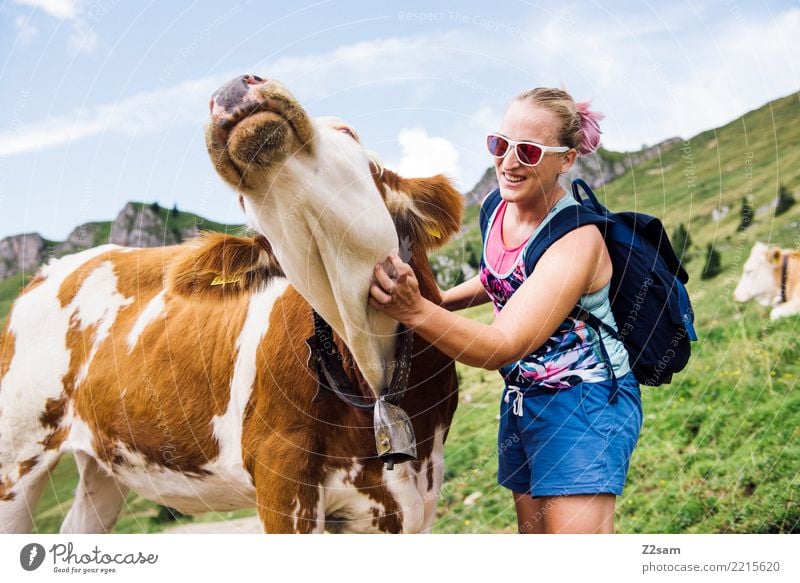 Kuh streicheln Ferien & Urlaub & Reisen Ausflug Berge u. Gebirge wandern Junge Frau Jugendliche 18-30 Jahre Erwachsene Natur Landschaft Schönes Wetter Wiese