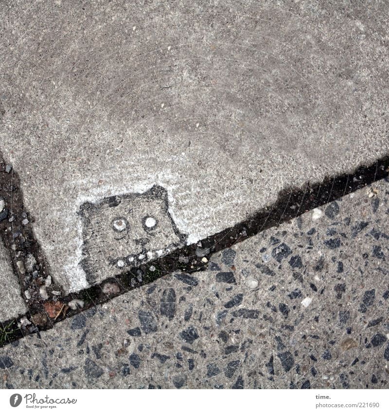 Gesichter der Stadt | Der Kobold von St. Pauli Tier Stein Beton Linie frech lustig grau schwarz Zeichnung Bürgersteig Fuge Teer Betonplatte erleuchten diagonal