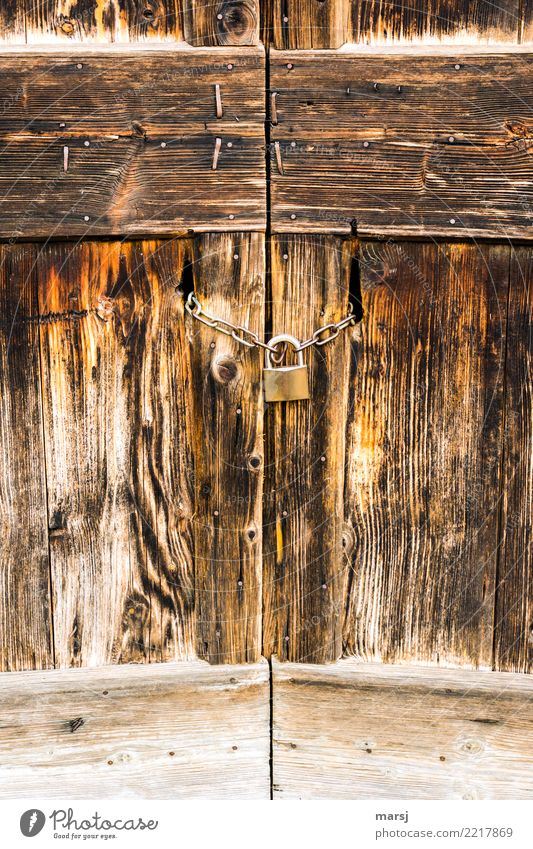 Wegen zu, geschlossen Tür Tor Vorhängeschloss Eisenkette Holz alt braun Einsamkeit Symmetrie Maserung verwittert Holztor Farbfoto mehrfarbig Außenaufnahme