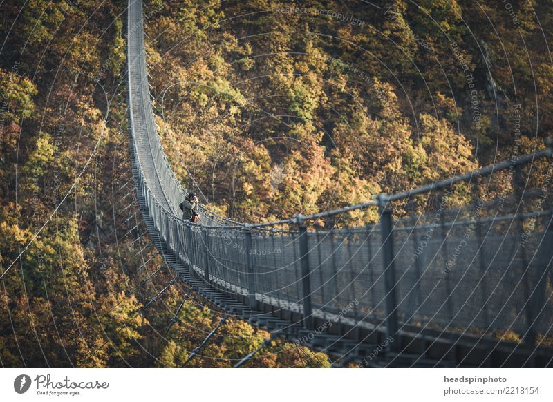 Fotograf auf der Geielay Hängebrücke im Herbst sportlich wandern maskulin 1 Mensch Natur Landschaft Sonnenaufgang Sonnenuntergang Wald Hügel Berge u. Gebirge