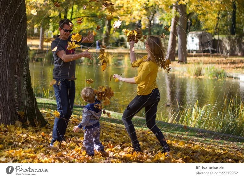 Familie spielt im Herbst mit Laub Mensch maskulin feminin Kind Junge Familie & Verwandtschaft Paar 3 1-3 Jahre Kleinkind 18-30 Jahre Jugendliche Erwachsene