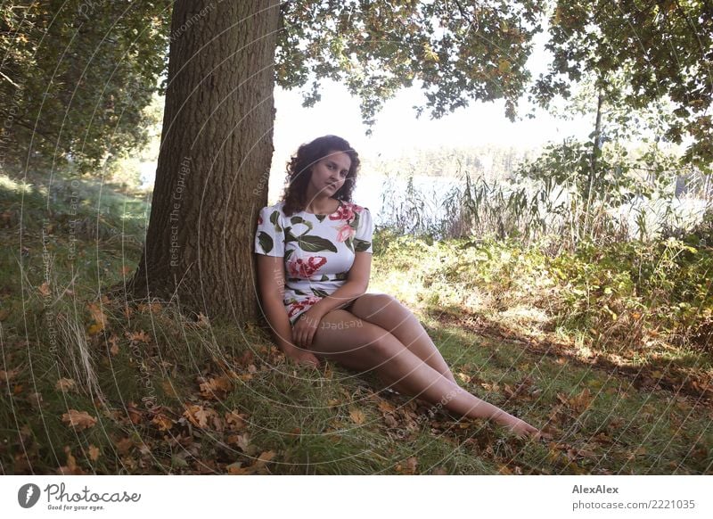 Ganzkörperbild einer großen, schönen Frau mit langen, dunklen, lockigen Haaren in der Natur die barfuß unter einem Baum sitzt Wellness Wohlgefühl Sommerurlaub