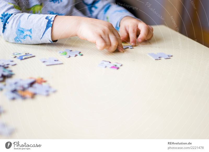 Kind beim puzzeln Puzzle 3-8 Jahre Kindheit Spielen Freizeit & Hobby Hand Tisch Ordnungsliebe Ausdauer diszipliniert geduldig Langeweile Innenaufnahme