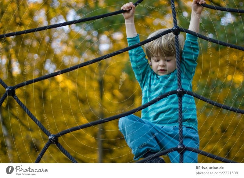 Kind klettert auf dem Spielplatz im Herbst Schwache Tiefenschärfe Unschärfe Tag Außenaufnahme Gedeckte Farben Farbfoto Kletterseil Seil Netz Klettern Erfahrung