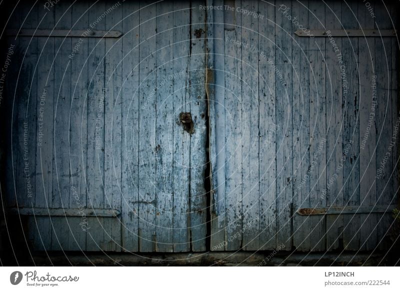The Doors V Haus Hütte Tür Holz Schloss dreckig dunkel trashig blau grau Angst Neugier Eingangstor Doppeltor Holztor alt abblättern geschlossen Spalte
