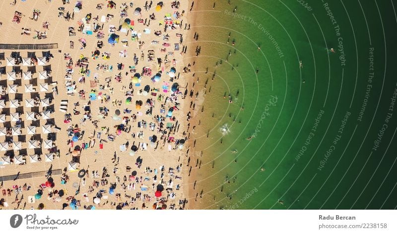 Luftaufnahme der Menschenmenge, die Spaß am Strand hat. Lifestyle Freude Ferien & Urlaub & Reisen Tourismus Sommer Sommerurlaub Sonnenbad Meer Menschengruppe