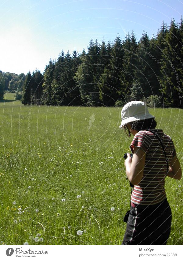 Fotografierendes Mädchen Wiese Wald Ferien & Urlaub & Reisen Blume Sommer Frühling Tourist Gras Frau Natur Fotokamera Rhön Spaziergang