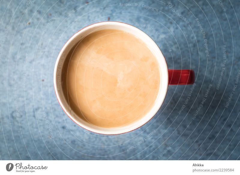 Blick in eine Teetasse mit Inhalt vor blauem Hintergrund Getränk Heißgetränk Kaffee Tasse Winter trinken bescheiden Pause Perspektive ruhig Zufriedenheit