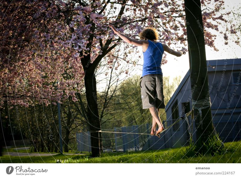 slack. Lifestyle Stil Freizeit & Hobby Freiheit Mensch Junger Mann Jugendliche 1 18-30 Jahre Erwachsene Baum Gras Park Wiese Bewegung laufen stehen Coolness