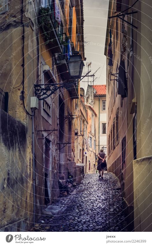 Ältere Dame spaziert durch eine enge Gasse in Lissabon nach Hause Frau gehen Hausfrau Stadt Altstadt Fassaden alt Kopfsteinpflaster Portugal spazieren einsam