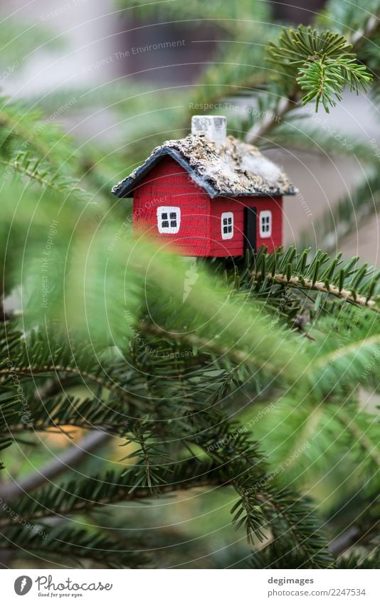 Haus Miniatur auf Tanne Glück Winter Schnee Dekoration & Verzierung Weihnachten & Advent Baum Vogel Spielzeug authentisch klein neu grün rot weiß Kiefer