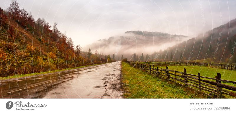 Panorama der Straße in den Bergen. Bewölkter regnerischer nebelhafter Herbsttag Ferien & Urlaub & Reisen Tourismus Ausflug Ferne Freiheit Expedition