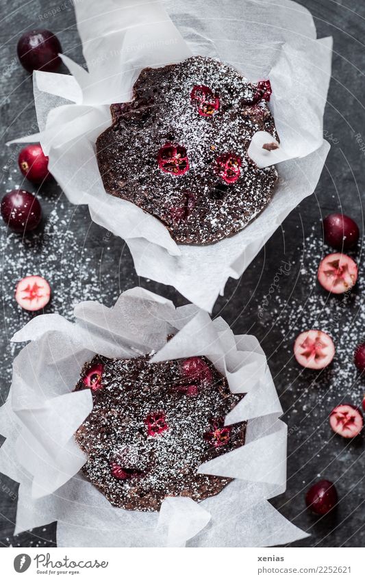 Brownies, Cranberries und Puderzucker Lebensmittel Frucht Kuchen Preiselbeeren Kakao Schokoladenkuchen Kaffeetrinken Vegetarische Ernährung saftig sauer süß