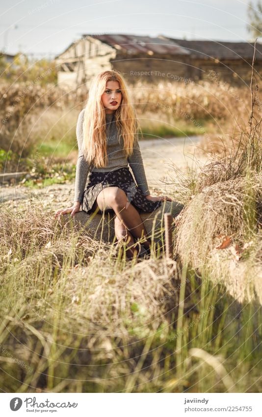 Schöne junge blonde Frau im ländlichen Hintergrund. schön Haare & Frisuren Mensch feminin Junge Frau Jugendliche Erwachsene 1 18-30 Jahre Natur Mode Rock