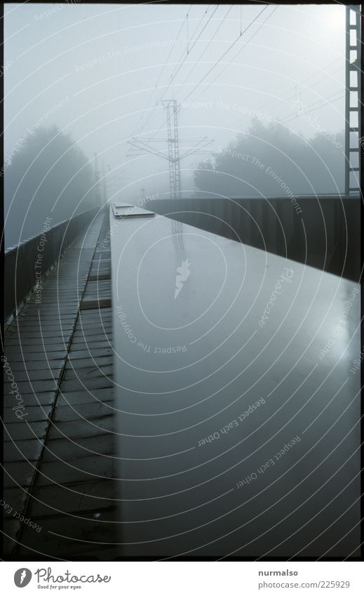 trist bridge Umwelt Natur Urelemente Herbst Wetter schlechtes Wetter Nebel Regen Verkehr Verkehrswege Schienenverkehr Eisenbahn Eisenbahnbrücke Oberleitung