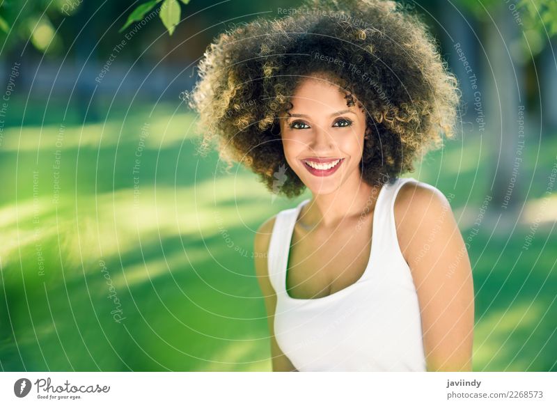 Schwarze Frau mit Afro-Frisur lächelnd im Stadtpark. schön Haare & Frisuren Gesicht Sommer Mensch Junge Frau Jugendliche Erwachsene 1 18-30 Jahre Park Straße