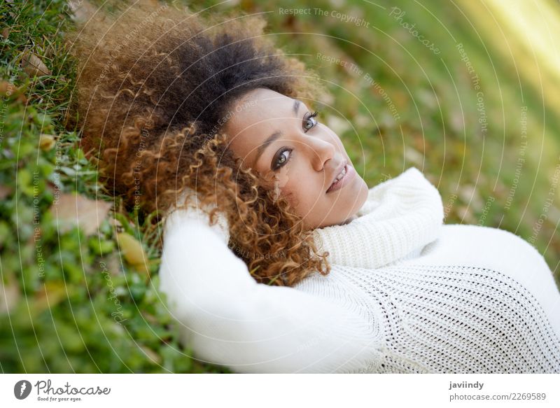 Junge afroamerikanische Frau auf Gras liegend Lifestyle schön Haare & Frisuren Gesicht Mensch feminin Junge Frau Jugendliche Erwachsene Kopf 1 18-30 Jahre
