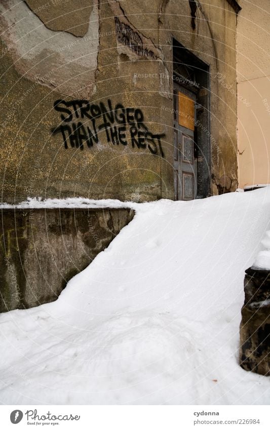 Stronger Than The Rest Lifestyle Design Renovieren Winter Eis Frost Schnee Haus Ruine Mauer Wand Tür Schriftzeichen Graffiti ästhetisch Einsamkeit Hoffnung Idee