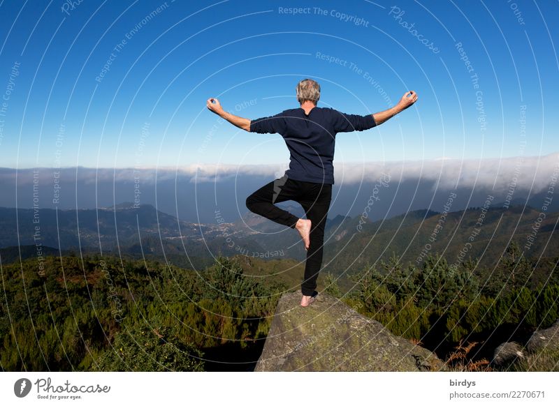Mann in einer Yogastellung auf dem Gipfel eines Berges mit Blick über die Wolken Berggipfel Gesundheit Bergpanorama Leben Sinnesorgane Idylle Meditation