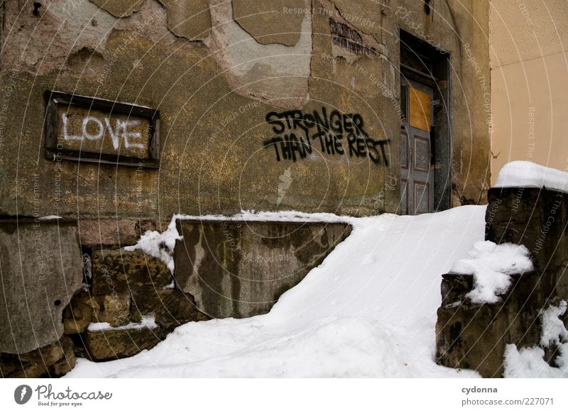 Wahre Liebe Lifestyle Stil Design Winter Eis Frost Schnee Haus Ruine Mauer Wand Treppe Tür Schriftzeichen Schilder & Markierungen Graffiti ästhetisch