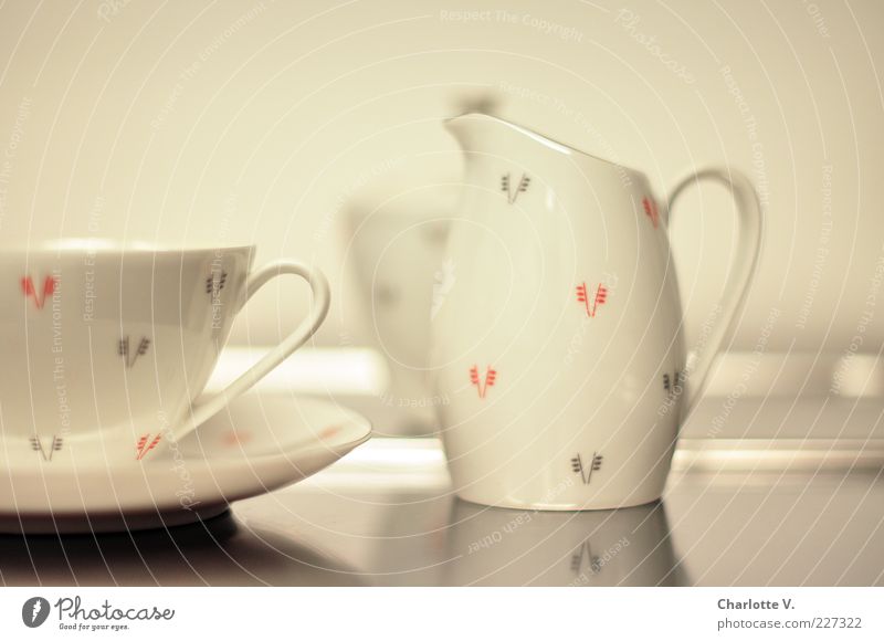 Kaffeegeschirr Stil Kaffeetasse Untertasse elegant schön retro Sauberkeit grau rot weiß ästhetisch Design Kaffeepause Muster Fünfziger Jahre glänzend Geschirr