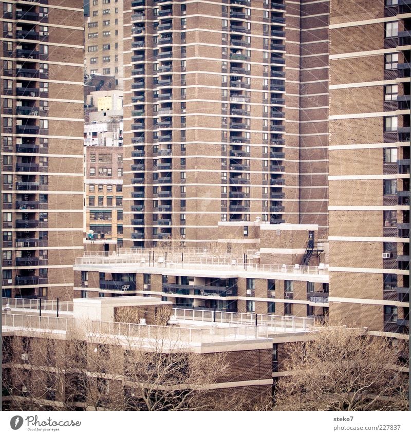 Balkonblicke New York City überbevölkert Haus Hochhaus hässlich trist Stadt eng Neubaugebiet Wohnsiedlung Ghetto Ziegelbauweise beklemmend Gedeckte Farben