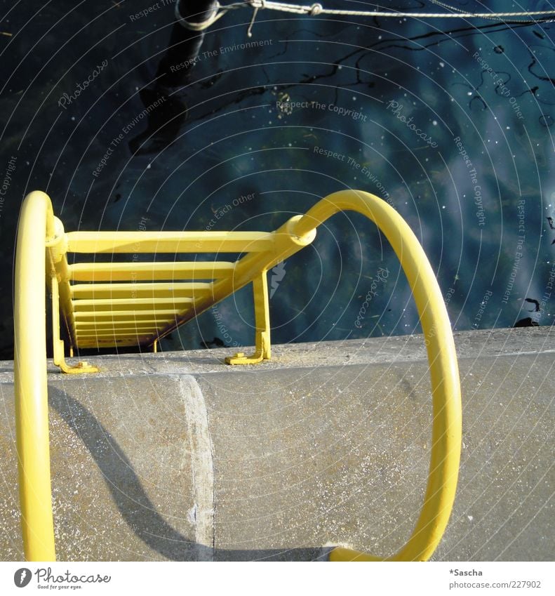Je höher hinaus... Schwimmbad dreckig kalt Angst Treppengeländer Wasser Schnur Pfosten Knoten Leiter Leitersprosse Abstieg gelb grau blau Beton