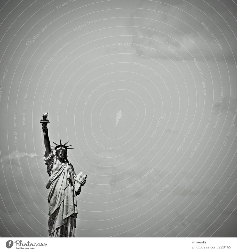 Stehlampe Himmel New York City USA Sehenswürdigkeit Wahrzeichen Freiheitsstatue Zeichen Schwarzweißfoto Textfreiraum rechts Textfreiraum oben Tag Vorderansicht