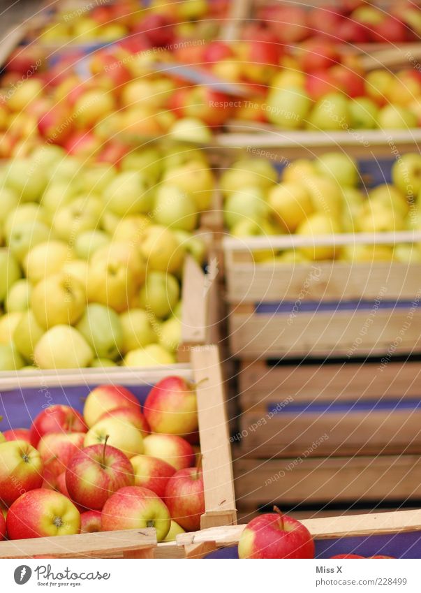 Apfelkisten Lebensmittel Frucht Ernährung Bioprodukte Vegetarische Ernährung frisch lecker saftig sauer süß Wochenmarkt Marktstand Gemüsemarkt Kiste Obstkiste