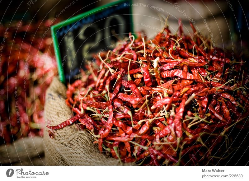 Heiße Angelegenheit Lebensmittel Chili Peperoni Scharfer Geschmack Ernährung Asiatische Küche exotisch rot Handel Markt Marktstand Sack Preisschild Gewürzladen