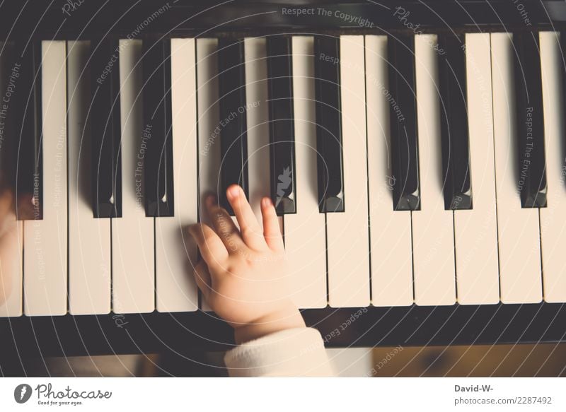Kind spielt Klavier Musik Musiker Kleinkind musikalische früherziehung sanft vorsichtig Finger niedlich schön neugierde Musikinstrument Klavier spielen Töne