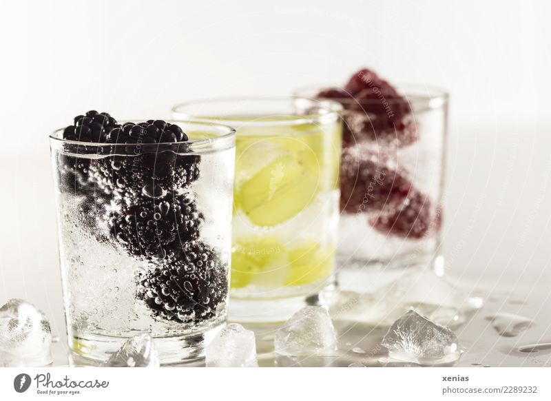 Drei gekühlte Durstlöscher mit Obst und Mineralwasser. Brombeere, Weintrauben oder Himbeeren Getränk Brombeeren Erfrischungsgetränk Eiswürfel Frucht Bioprodukte