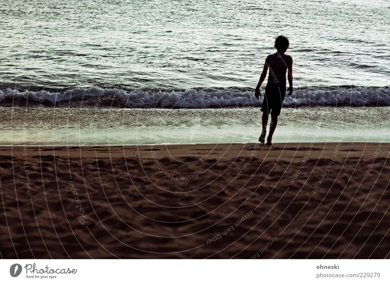 Beach Mensch Kind Junge 1 8-13 Jahre Kindheit Sand Wasser Wellen Küste Strand Meer Pazifik dunkel Gelassenheit ruhig Einsamkeit Erholung Farbfoto