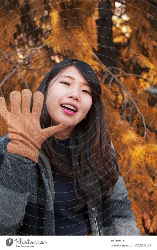 Asiatische junge Frau lächelnd mit Handschuhen im Herbst Lifestyle Freude schön Gesundheitswesen Wellness Leben Ferien & Urlaub & Reisen Tourismus Abenteuer