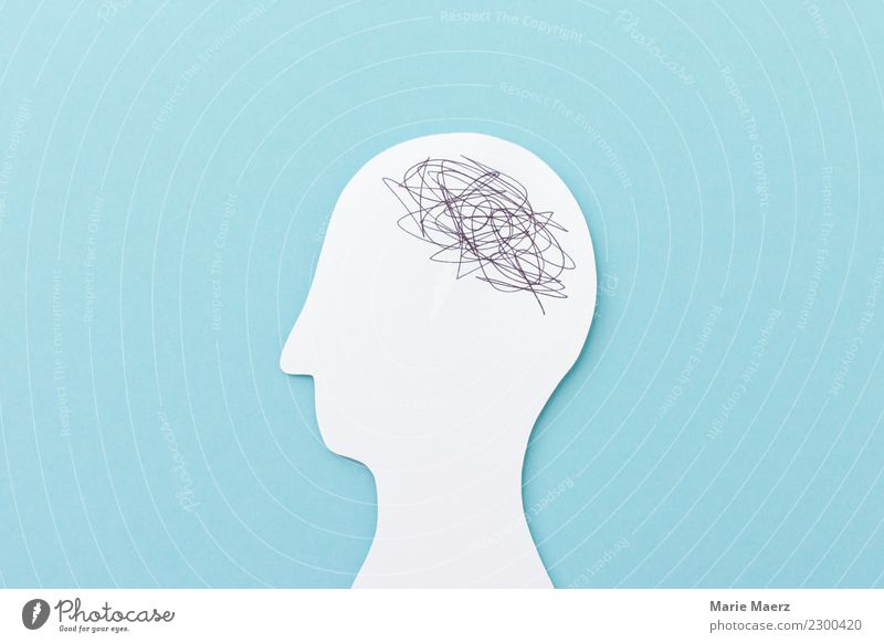 Chaos im Kopf - Kopf Silhouette aus Papier mit Kritzel Gehirn 1 Mensch Denken sprechen Kommunizieren einfach verrückt blau weiß Gefühle Unlust Erschöpfung