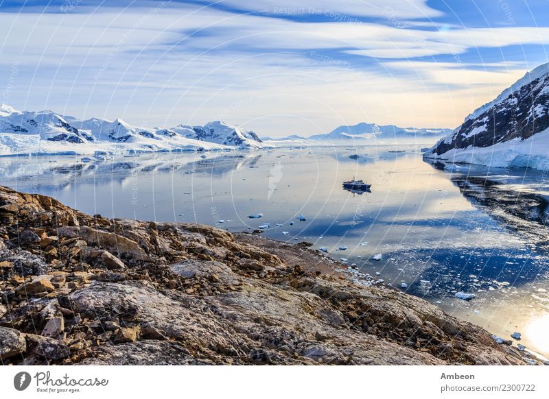 Blick von der felsigen Küste auf die von Gletschern umgebene Bucht von Neco Ferien & Urlaub & Reisen Tourismus Ausflug Abenteuer Ferne Kreuzfahrt Expedition