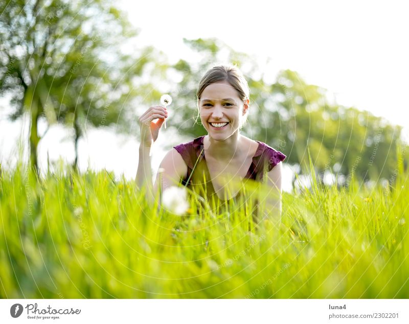 Frühling 1 Zufriedenheit Erholung Sommer Junge Frau Jugendliche Erwachsene Natur Pflanze Blume Wiese genießen lachen Fröhlichkeit grün Lebensfreude Hoffnung
