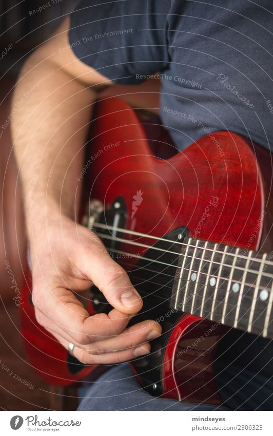 Gitarrenheld Mensch Mann Erwachsene Hand 1 30-45 Jahre Musik glänzend blau rot Leidenschaft Freizeit & Hobby Gelassenheit Kreativität Musiker Musikinstrument