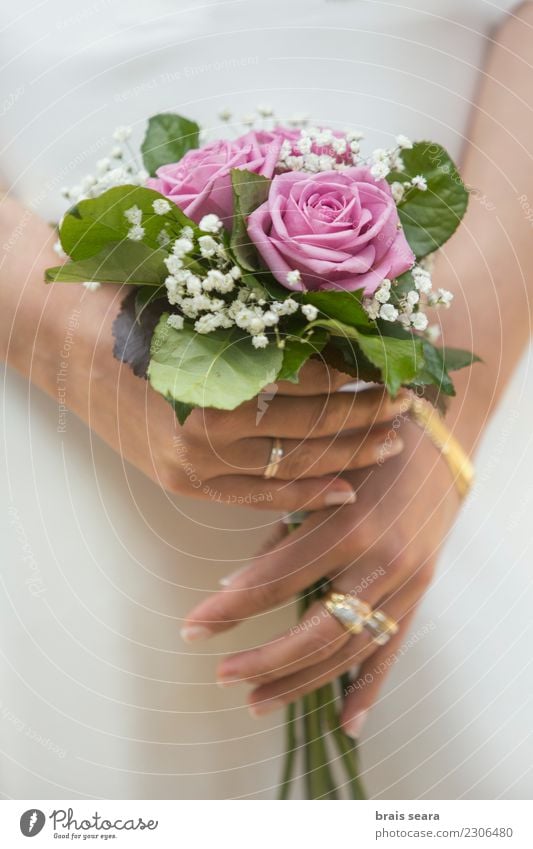 Frau, die einen Hochzeitsstrauss hält Lifestyle elegant Stil Design schön Körper Maniküre Veranstaltung Feste & Feiern feminin Hand Finger Blume Mode Kleid Ring
