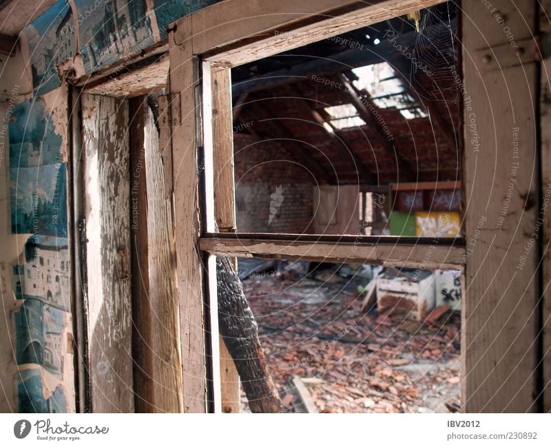 Zimmer mit Aussicht Haus Hütte Ruine Fenster Dach alt Armut kalt Verfall verfallen Bild schäbig Einsturzgefahr Fensterrahmen Müll Zerstörung Farbfoto