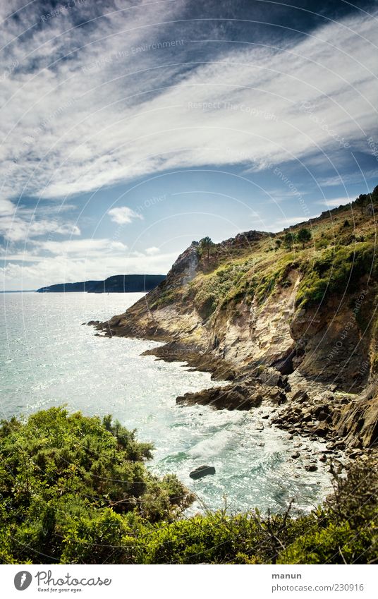 Klippen Natur Landschaft Urelemente Wasser Himmel Schönes Wetter Sträucher Felsen Küste Bucht Meer Bretagne authentisch Fernweh Ferien & Urlaub & Reisen