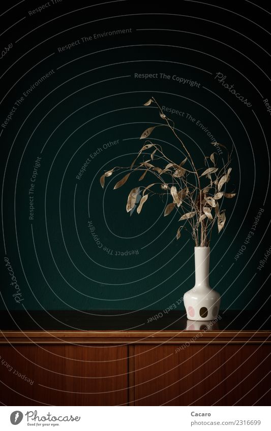 Trockenstrauß in weißer Vase Dekoration & Verzierung Kommode Schrank Wand Pflanze Blatt Ast Zweige u. Äste Blumenstrauß alt natürlich retro trocken braun grün